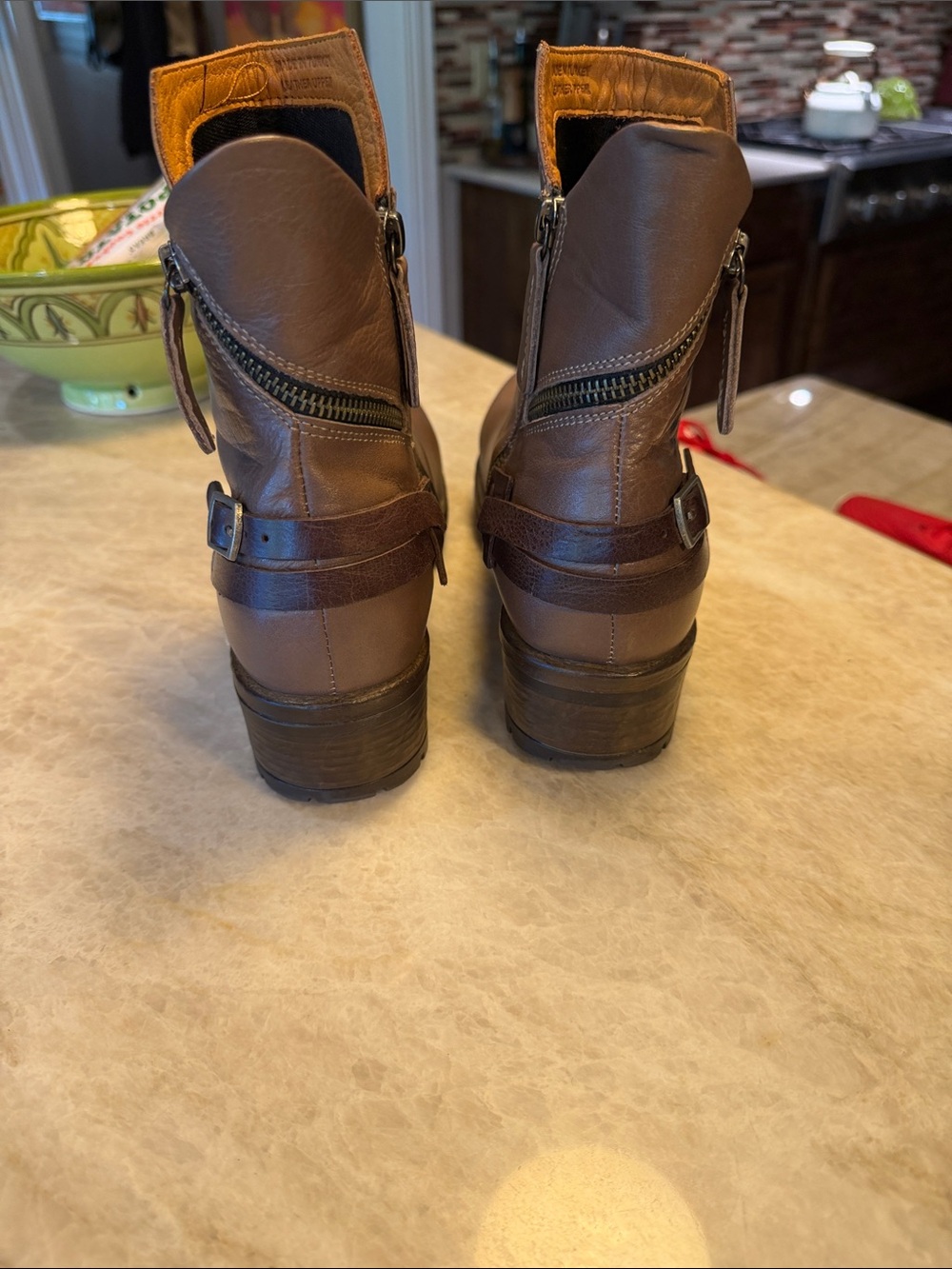 Bueno Taupe Leather Ankle Boots with Buckle Accent - Picture 3 of 7